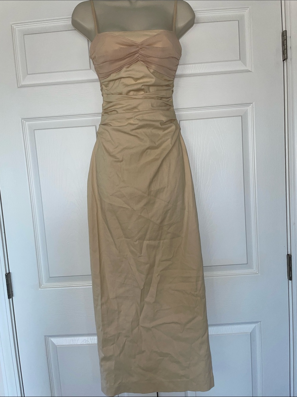 Strapless Two-Tone Beige Midi Dress with Ruched Bodice #181